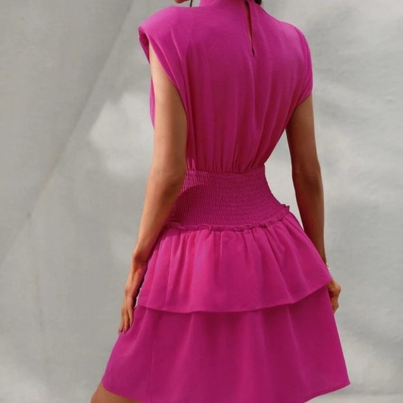 Mock Neck Shirred Waist Layered Hem Mini Dress Pink - Picture 3 of 8